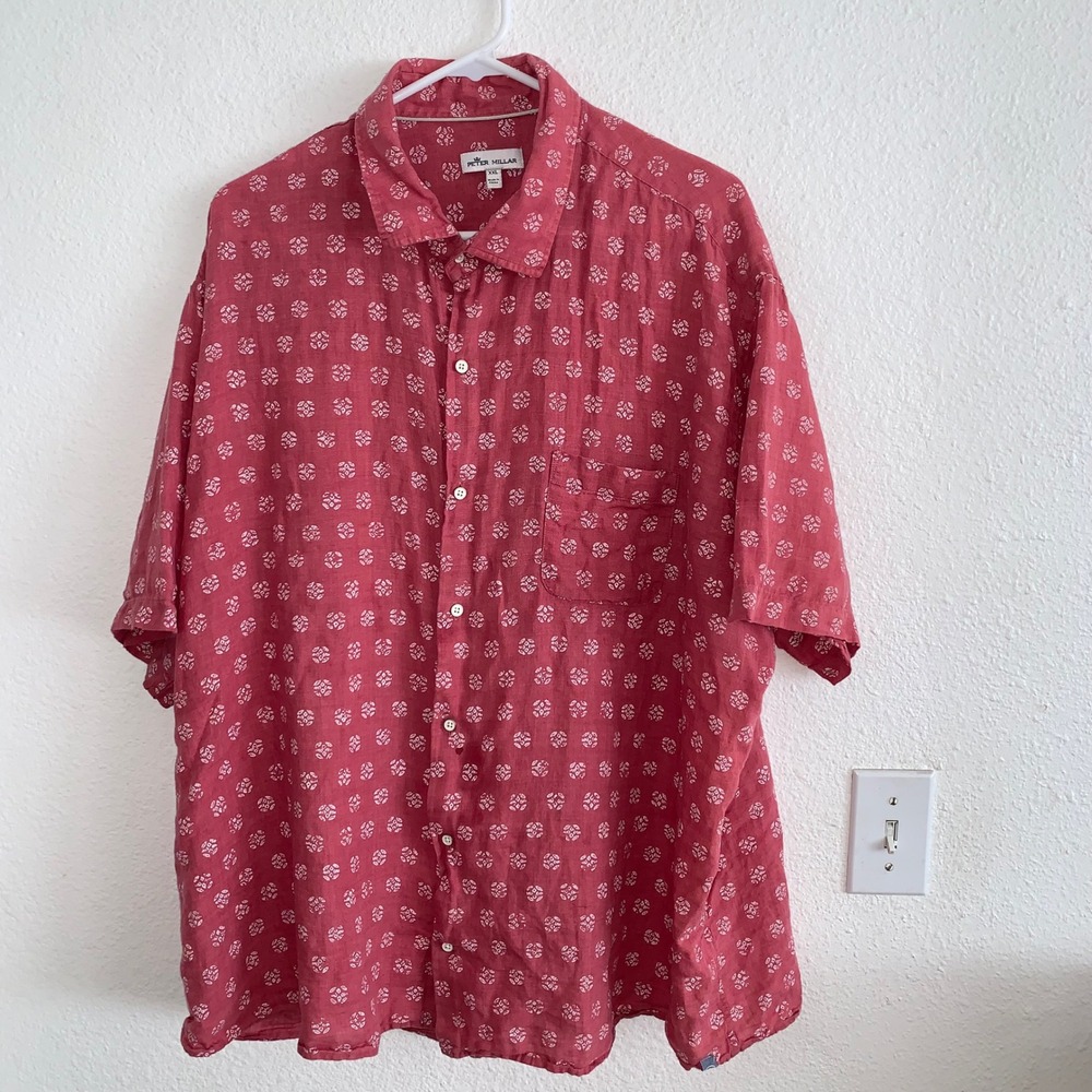 Peter Millar Mens XXL Red White Medallion Print 100% Linen Short Sleeve Shirt